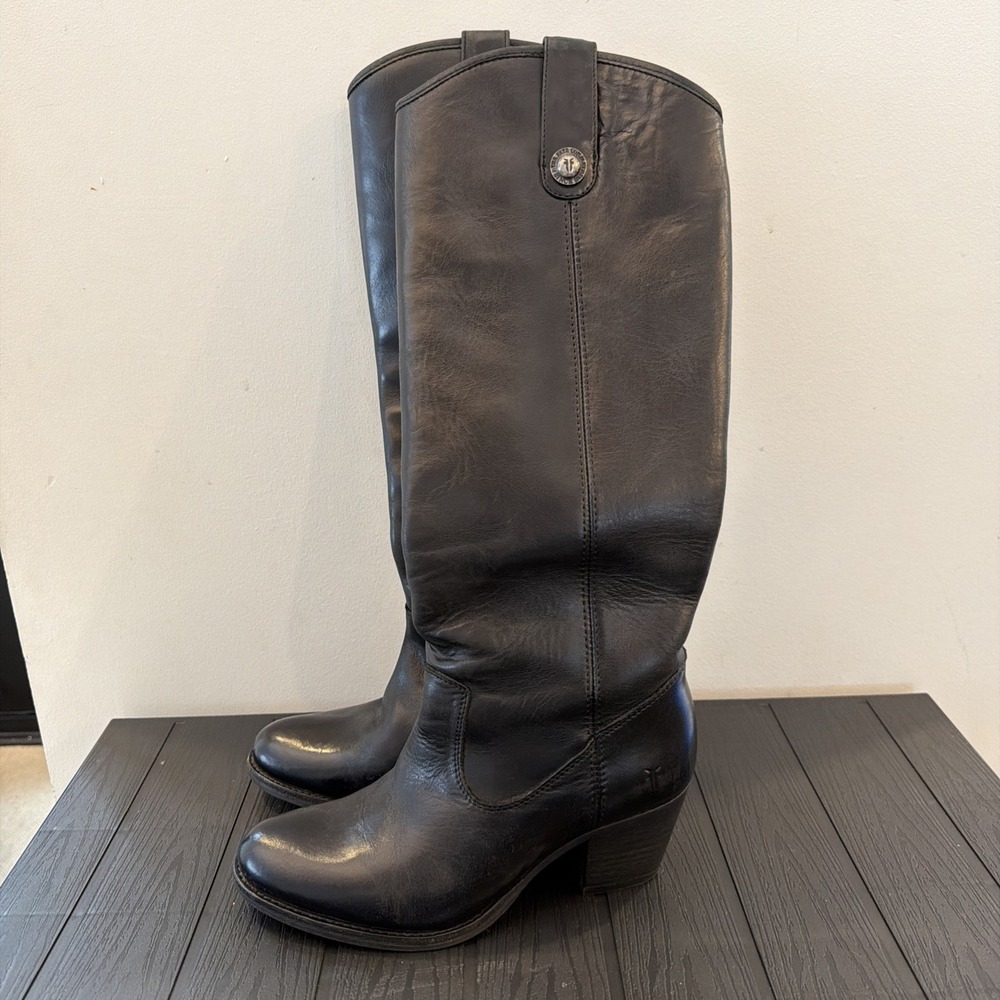Frye Black Leather Knee High Riding Boots Block Heel Round Toe Jackie Button 5.5